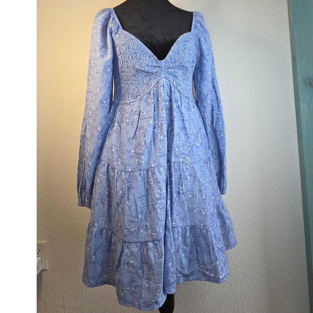 Dusty Blue Floral Smocked Tiered Mini Dress Sweetheart Neck Long Puff Sleeves